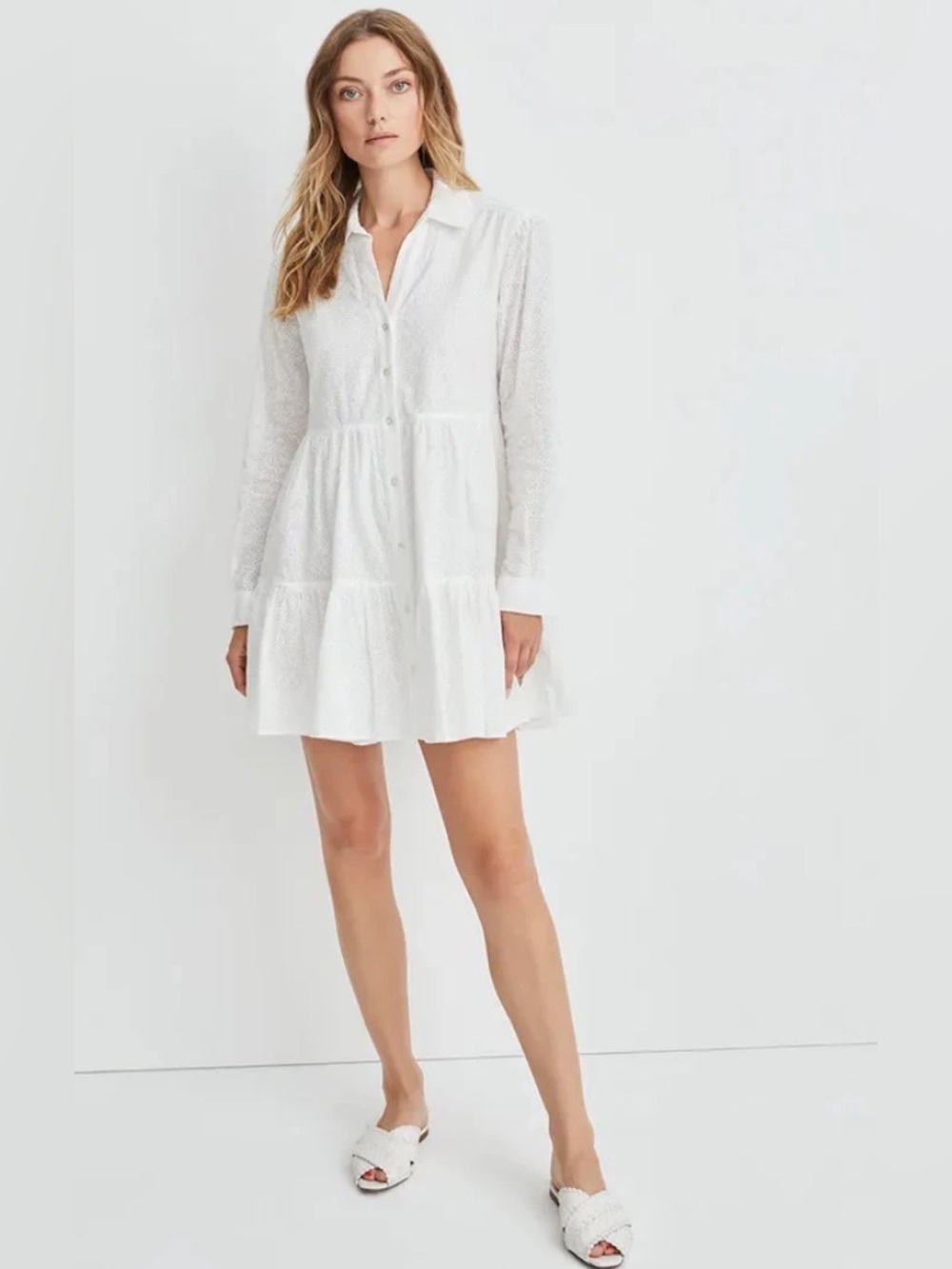 Veronica Beard White Tiered Button-Front Mini Shirt Dress